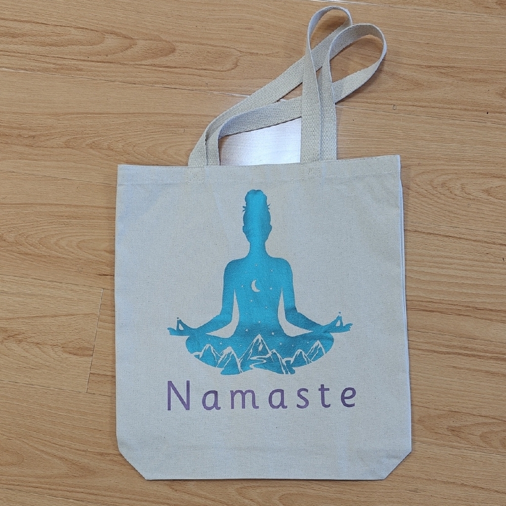 Turquoise Iridescent Namaste Beige Tote Bag